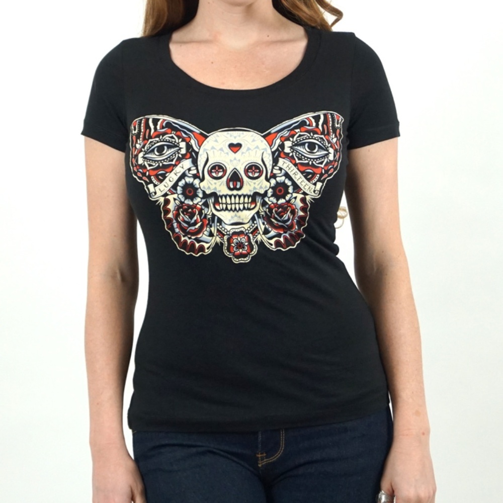 Lucky 13 Mariposa Sugar Skull Fitted Scoop Neck Te